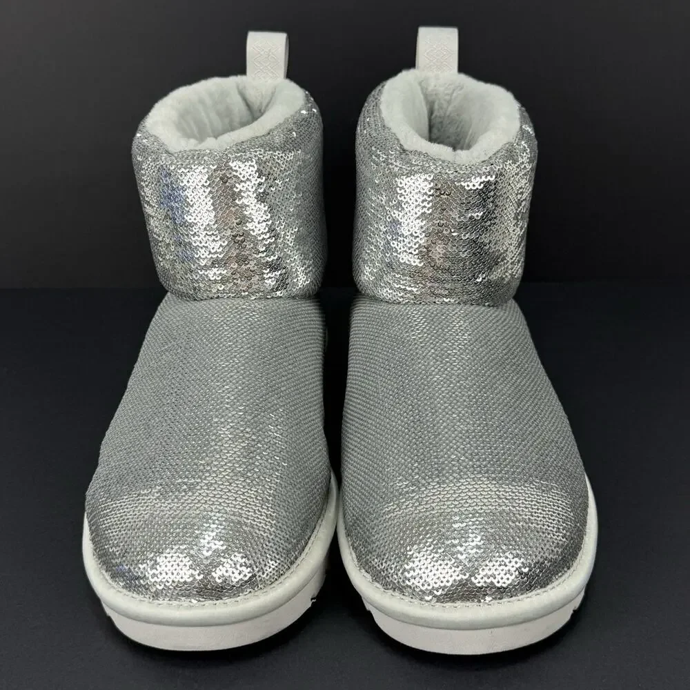 UGG Classic Mini Mirror Ball Women’s 7 Silver Sequin Boots Suede Winter NEW